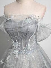 Boho Wedding Dress, Gray A-Line Off the Shoulder Tulle Prom Dress, Lovely Corset Floor Length Party Dress