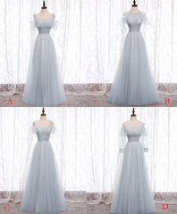 Gown, Gray A line Tulle Long Prom Dress, Gray Formal Bridesmaid Dress