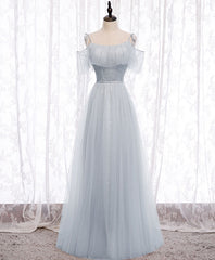 Maxi Dress, Gray A line Tulle Long Prom Dress, Gray Formal Bridesmaid Dress
