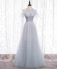 Cute Dress, Gray A line Tulle Long Prom Dress, Gray Formal Bridesmaid Dress