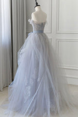 Prom Dresses V Neck, Gray Blue Lace Long Prom Dress, Strapless Evening Party Dress