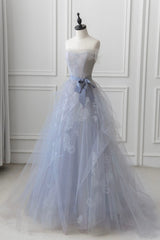 Prom Dress Shop Near Me, Gray Blue Lace Long Prom Dress, Strapless Evening Party Dress