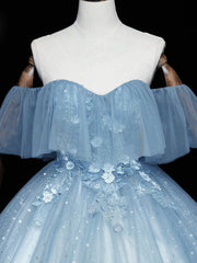 Homecoming Dress Inspo, Gray Blue Tulle Off Shoulder Long Prom Dress, Blue Tulle Formal Dresses