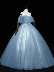 Homecoming Dresses For Girl, Gray Blue Tulle Off Shoulder Long Prom Dress, Blue Tulle Formal Dresses