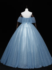 Homecoming Dresses For Girls, Gray Blue Tulle Off Shoulder Long Prom Dress, Blue Tulle Formal Dresses