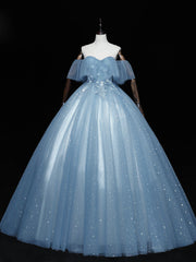 Homecoming Dress Cute, Gray Blue Tulle Off Shoulder Long Prom Dress, Blue Tulle Formal Dresses