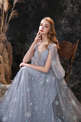 Homecoming Dresses Elegant, Gray Dandelion Lace V-neck Beading Back Prom Dresses
