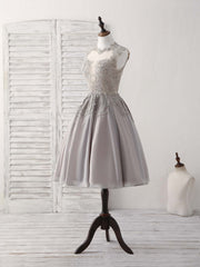 93 Prom Dress, Gray High Neck Lace Chiffon Short Prom Dress Gray Bridesmaid Dress