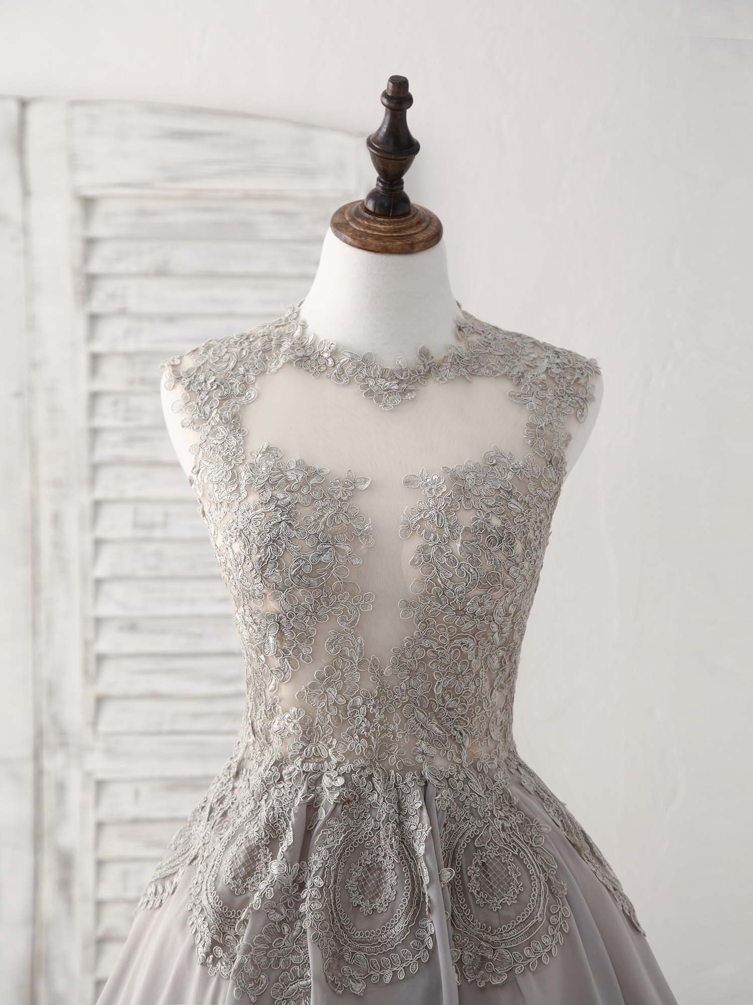 Orange Dress, Gray High Neck Lace Chiffon Short Prom Dress Gray Bridesmaid Dress