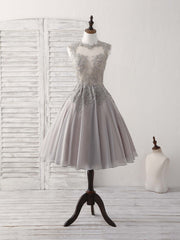 Long Gown, Gray High Neck Lace Chiffon Short Prom Dress Gray Bridesmaid Dress