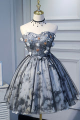 Homecoming Dresses Simpl, Gray Lace Strapless Short Prom Dress, A-Line Sweetheart Neckline Party Dress