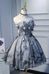 Homecoming Dresses Simple, Gray Lace Strapless Short Prom Dress, A-Line Sweetheart Neckline Party Dress
