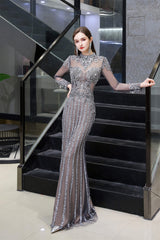 Evening Dresses Designer, Gray Long Sleeve Mermaid Prom Dresses With Sequins High-Neck Prom Dresses
