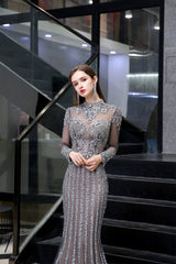 Evening Dress Designers, Gray Long Sleeve Mermaid Prom Dresses With Sequins High-Neck Prom Dresses