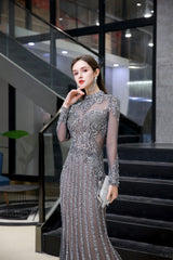 Evening Dress Designs, Gray Long Sleeve Mermaid Prom Dresses With Sequins High-Neck Prom Dresses