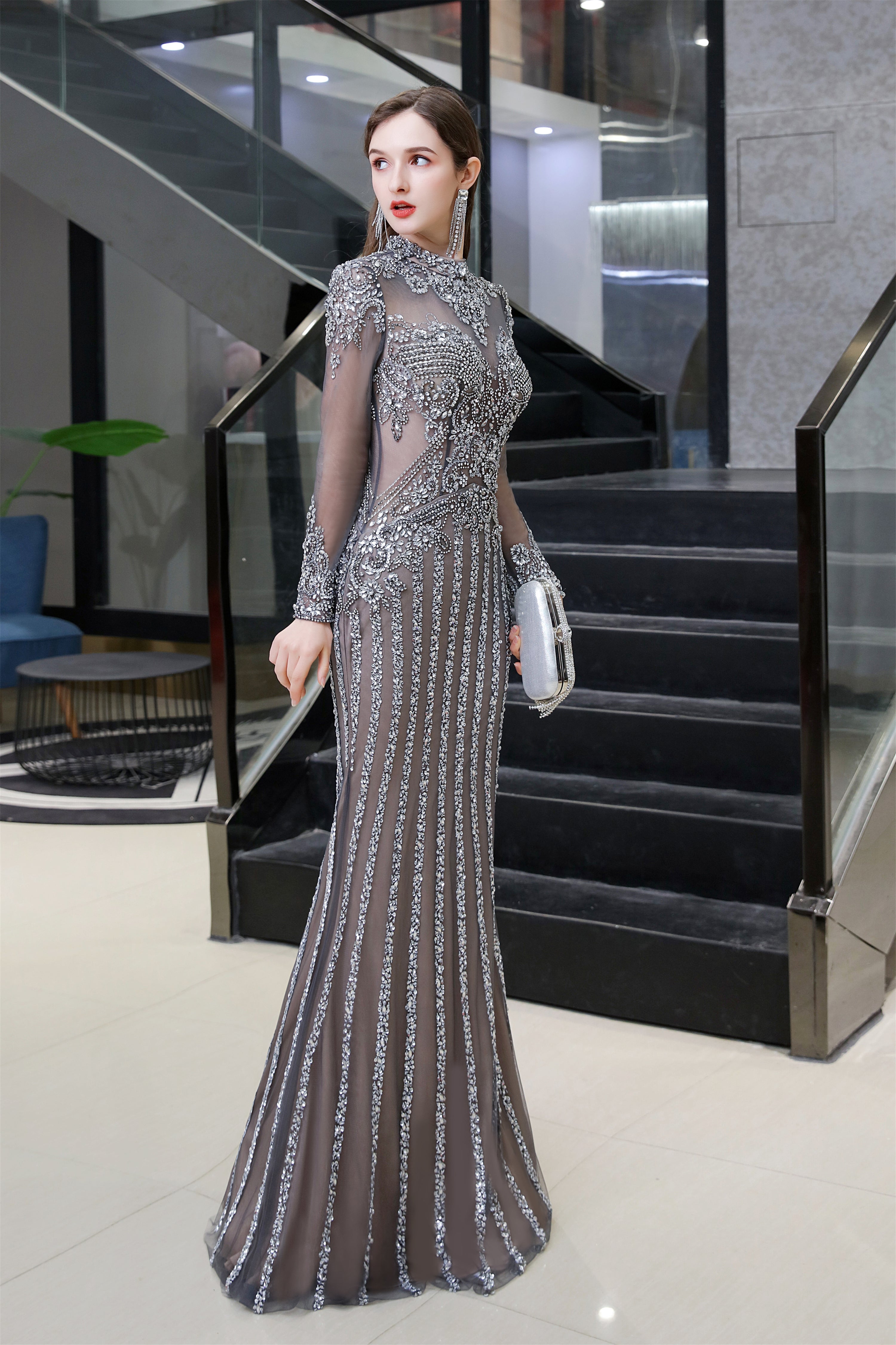 Evening Dress Designer, Gray Long Sleeve Mermaid Prom Dresses With Sequins High-Neck Prom Dresses