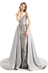 Formal Dresses For Winter Wedding, Mermaid Sequins Spaghetti Straps Prom Dresses With Detachable Train