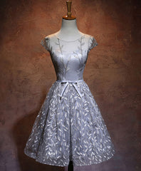 Prom Dress 2025, Gray Round Neck Lace Short Prom Dress,Cute Homecoming Dress