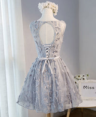 Prom Dresses Ballgown, Gray Round Neck Lace Short Prom Dress, Cute Lace Homecoming Dress