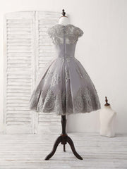 Formal Dresses Long Elegant Classy, Gray Round Neck Lace Short Prom Dress Gray Bridesmaid Dress