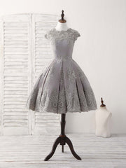 Formal Dress With Sleeves, Gray Round Neck Lace Short Prom Dress Gray Bridesmaid Dress