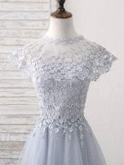 Party Dress Hair Style, Gray Round Neck Lace Tulle Long Prom Dress, Gray Evening Dress