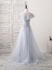 Party Dresses Store, Gray Round Neck Lace Tulle Long Prom Dress, Gray Evening Dress
