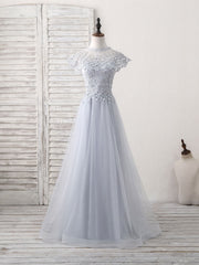 Party Dresses Styles, Gray Round Neck Lace Tulle Long Prom Dress, Gray Evening Dress