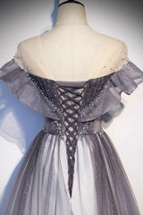 Prom Dresses Outfits, Gray Scoop Neckline Tulle Long Formal Dress, A-Line Evening Graduation Dress