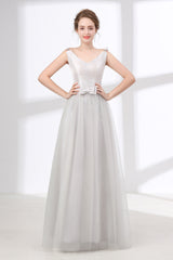 Prom Dress Designs, Gray Silver V Neck Tulle Prom Dresses