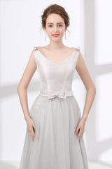 Prom Dresses Website, Gray Silver V Neck Tulle Prom Dresses