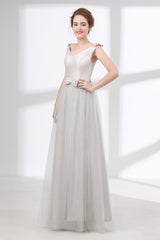 Prom Dress Website, Gray Silver V Neck Tulle Prom Dresses