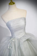 Party Dresses Classy Elegant, Gray Strapless Long Formal Dress, Gray Tulle Evening Dress Party Dress