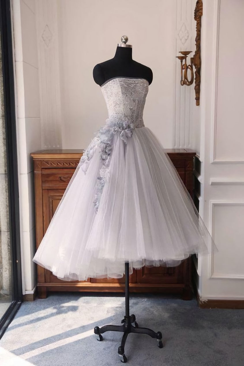 Wedding Guest, Gray sweetheart neck tulle short dress, gray tulle homecoming dress