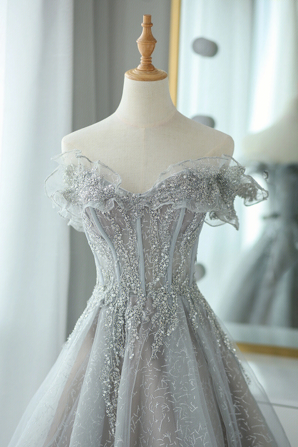 Rustic Wedding Dress, Gray Tulle Lace Floor Length Evening Dress, Off the Shoulder Prom Dress