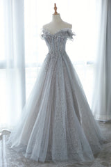 Gala Dress, Gray Tulle Lace Floor Length Evening Dress, Off the Shoulder Prom Dress