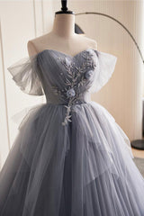 Fancy Outfit, Gray Tulle Long Prom Dress, Off Shoulder Evening Dress Party Dress