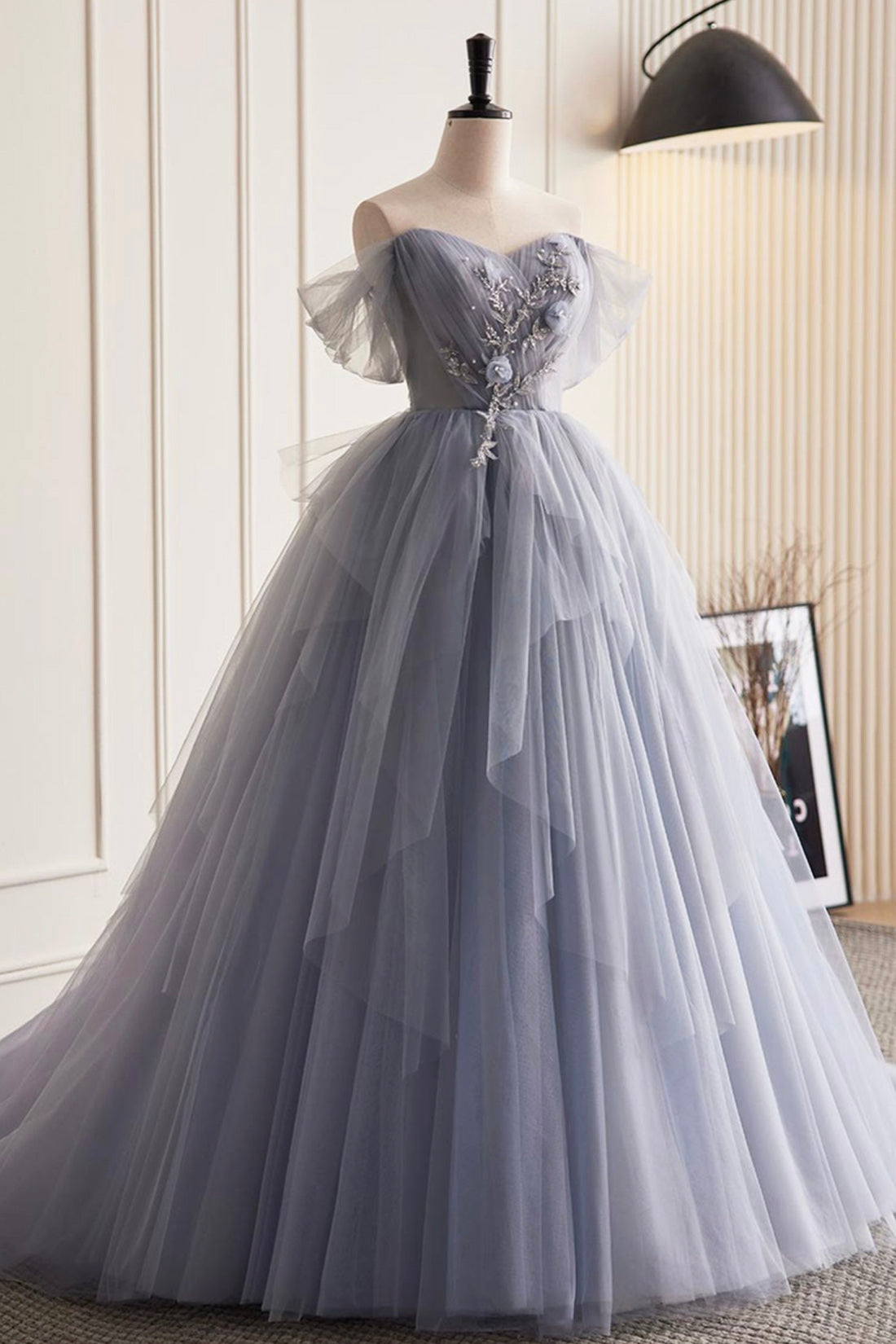 Strapless Prom Dress, Gray Tulle Long Prom Dress, Off Shoulder Evening Dress Party Dress