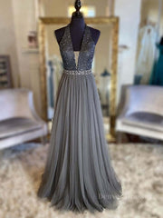 Spring Wedding, Gray v neck tulle beads long prom dress, gray tulle formal dress