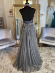 Beach Wedding Dress, Gray v neck tulle beads long prom dress, gray tulle formal dress