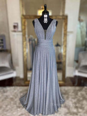 Bridesmaid Dress Yellow, Gray v neck tulle sequin long prom dress, gray evening dress