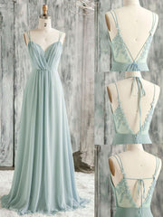 Prom Dress Stores, Green A line Chiffon Lace Long Prom Dress, Lace Bridesmaid Dress