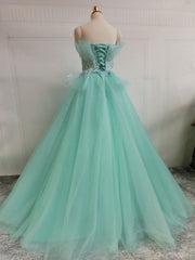 Bridesmaids Dress Champagne, Green  A-Line Tulle Lace Long Prom Dress, Green Sweet 16 Dress