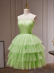 Reception Dress, Green A-Line Tulle Short Prom Dress, Green Homecoming Dress