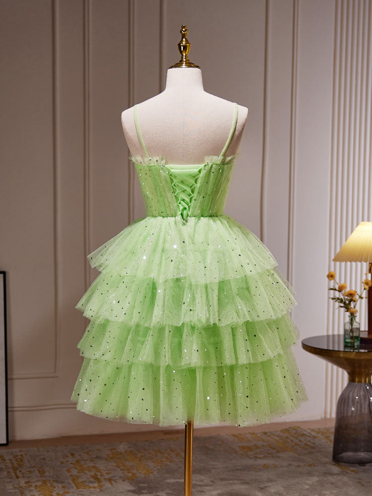 Gown, Green A-Line Tulle Short Prom Dress, Green Homecoming Dress