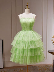 Wedding Guest Outfit, Green A-Line Tulle Short Prom Dress, Green Homecoming Dress