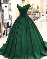 Bridesmaids Dresses Modest, Green Ball Gown Satin Prom Dresses Lace V Neck Formal Dress,Quinceanera Dresses