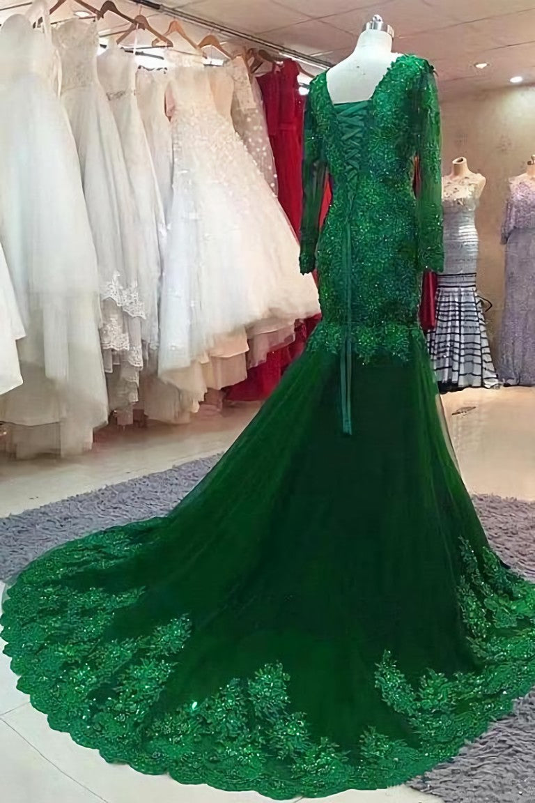 Party Dresses Black, Green Beaded Lace Bride Mother's Evening Gown Long Sleeve