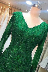 Party Dress Size 46, Green Beaded Lace Bride Mother's Evening Gown Long Sleeve