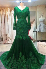 Party Dress Aesthetic, Green Beaded Lace Bride Mother's Evening Gown Long Sleeve